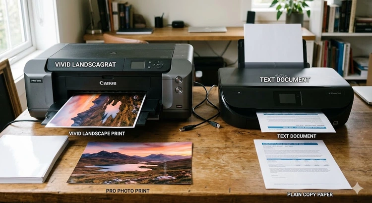 photo printer vs regular printer side by side on a desk showing output differences