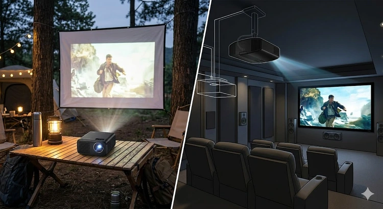 portable projector vs home projector side by side comparison on a table and ceiling-mounted setup