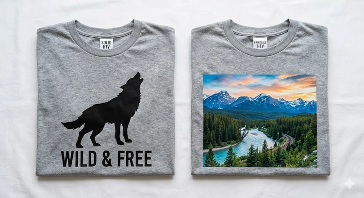 printable htv vs regular htv side-by-side material comparison on fabric