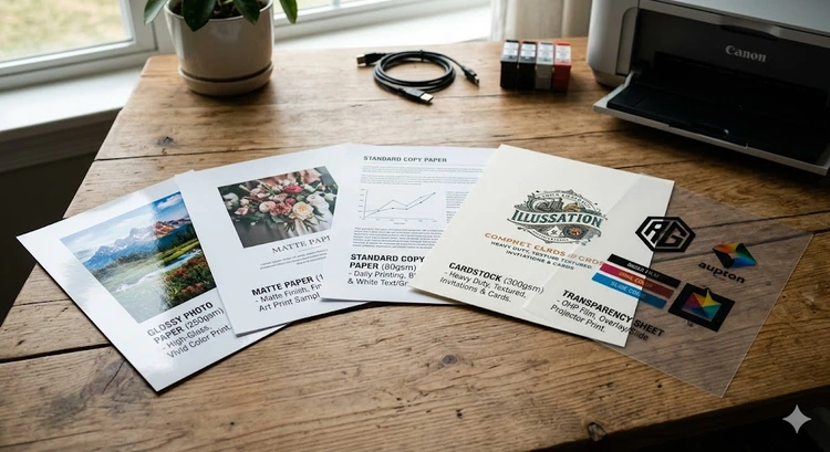 types of printer paper explained — various paper types and finishes laid out on a desk