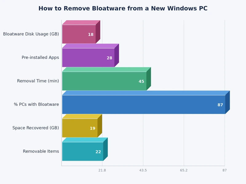 Bar chart comparing Windows PC startup time and RAM usage before and after removing bloatware