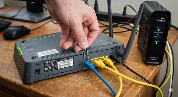 how to reset router to factory settings using the pinhole button on the back panel