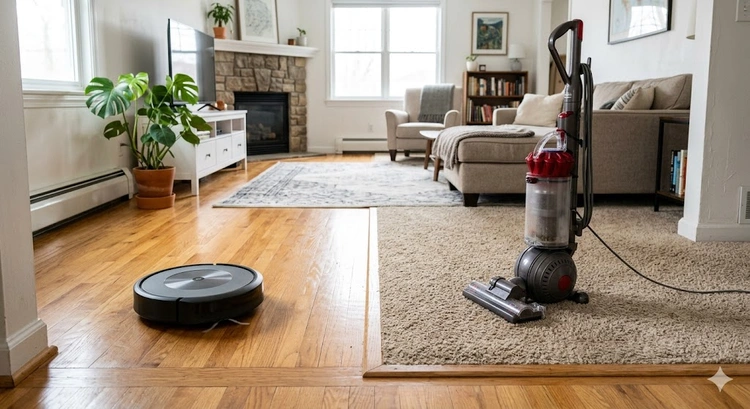 robot vacuum vs upright vacuum side by side on hardwood floor
