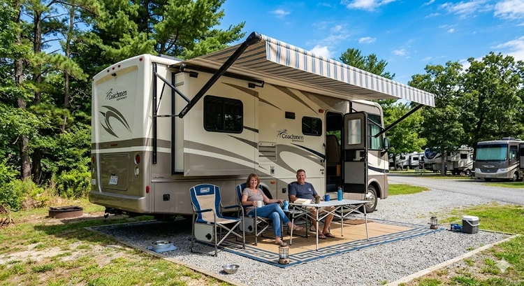 RV awning fully extended at a campsite demonstrating proper deployment angle and rv awning maintenance and repair best practices