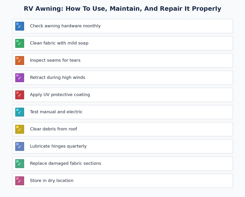 RV awning maintenance and repair seasonal inspection checklist covering fabric seams, arm pivot bushings, roller tube alignment, and hardware corrosion checks