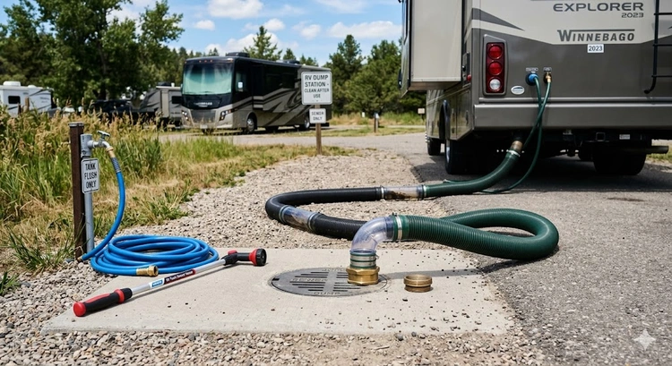 RV black tank cleaning setup with flush wand, gloves, and enzymatic treatment chemicals at a dump station