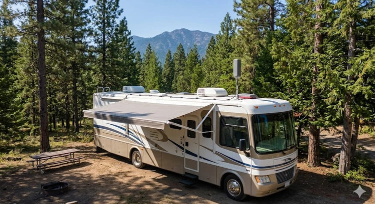 RV cell signal booster outside antenna mounted on motorhome roof for stronger cellular reception