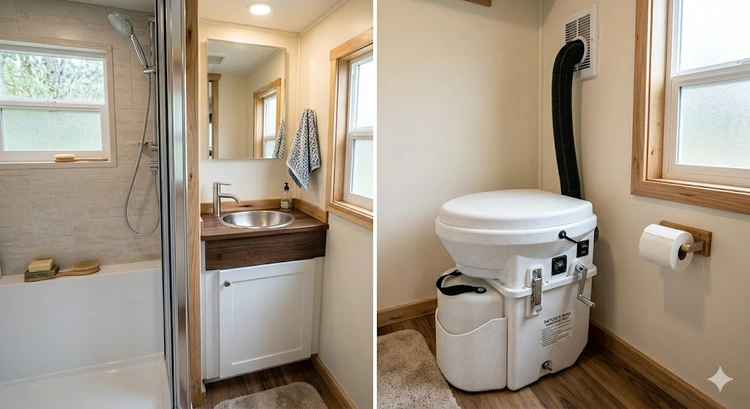 rv composting toilet pros and cons overview showing unit installed in RV bathroom