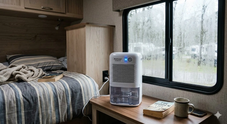 Compact rv dehumidifier operating inside a travel trailer interior with condensation visible on windows