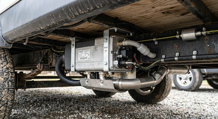 rv diesel heater installed under RV bench seat with exhaust and fuel lines routed to exterior