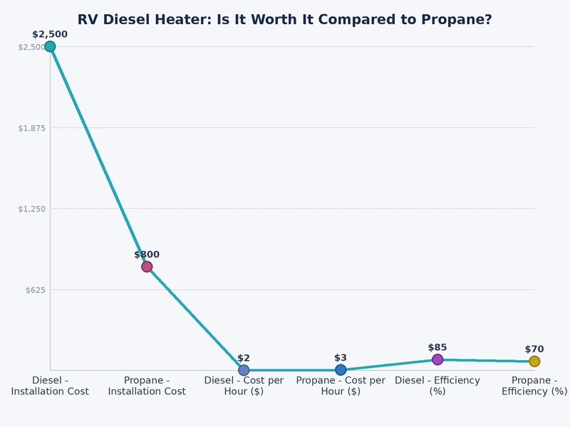 bar chart comparing rv diesel heater vs propane furnace across cost efficiency cold weather performance safety and installation complexity
