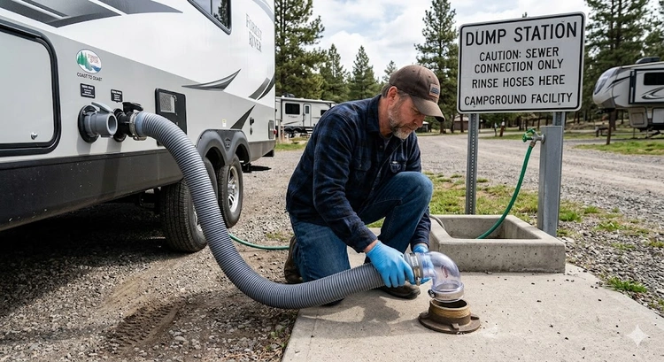 A camper making a sealed connection at an RV dump station
