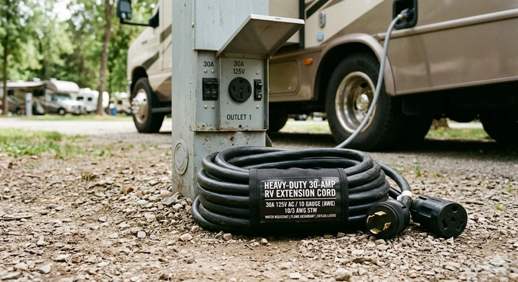 RV extension cord gauge selection showing 10 AWG 30-amp shore power cord connected to campsite pedestal