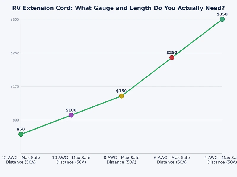 Chart comparing rv extension cord gauge ratings by length and ampacity for 30-amp and 50-amp service