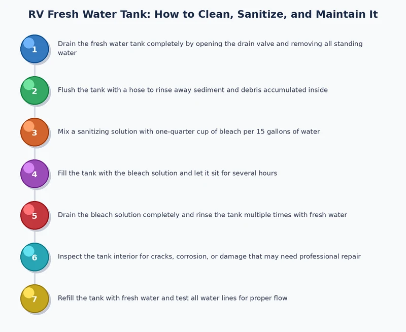 step-by-step process diagram showing how to clean rv fresh water tank with bleach and flush cycles