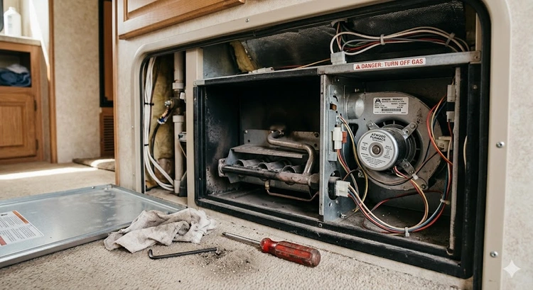RV furnace not working troubleshoot guide showing Dometic and Atwood component layout