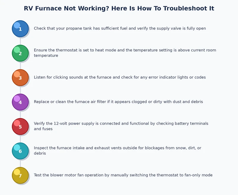 RV furnace troubleshooting process diagram — step-by-step diagnostic flow from power check to repair decision