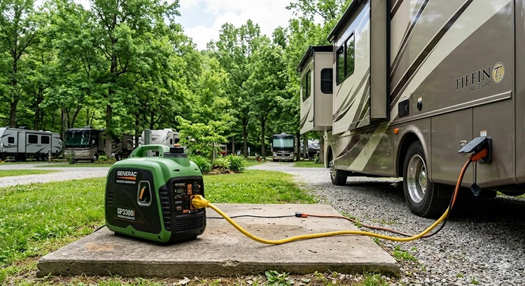 what size generator do i need for my rv — portable inverter generator beside a travel trailer