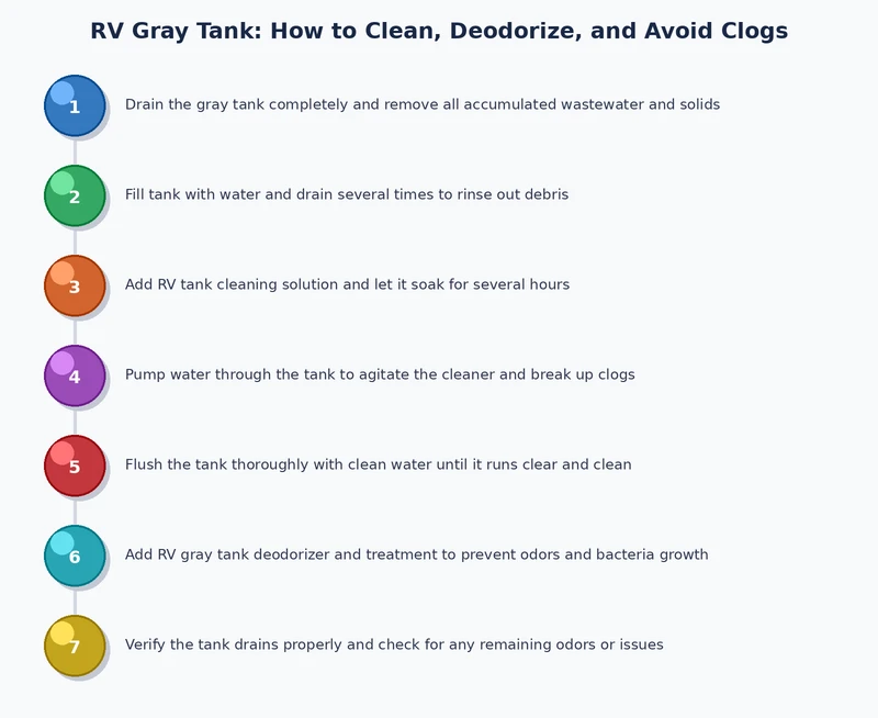 Process diagram showing six steps to clean and flush an RV gray tank