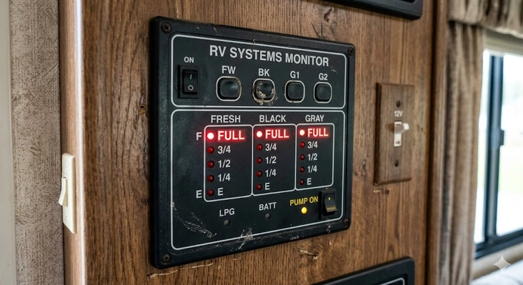 RV holding tank monitor panel showing inaccurate full readings on all sensors