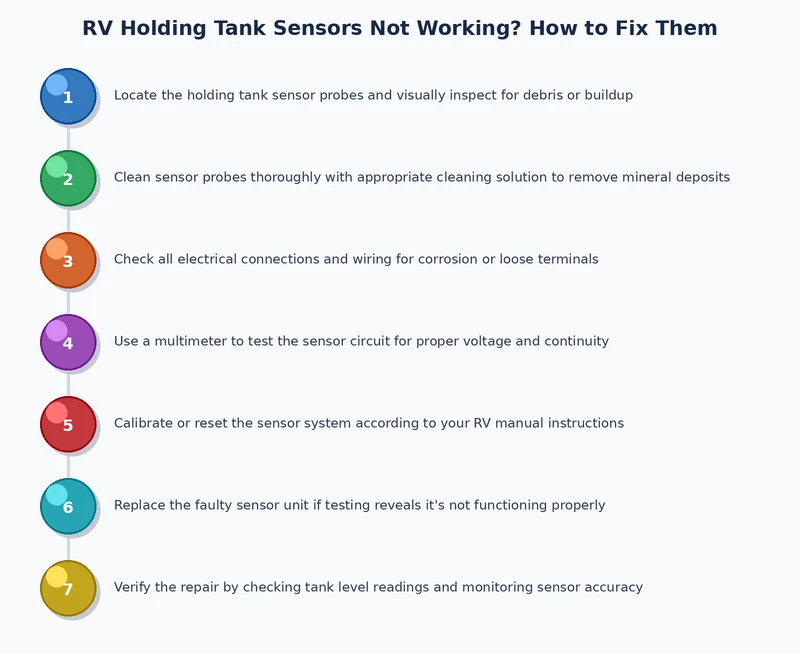 Process diagram showing step-by-step diagnostic flow for RV holding tank sensor problems