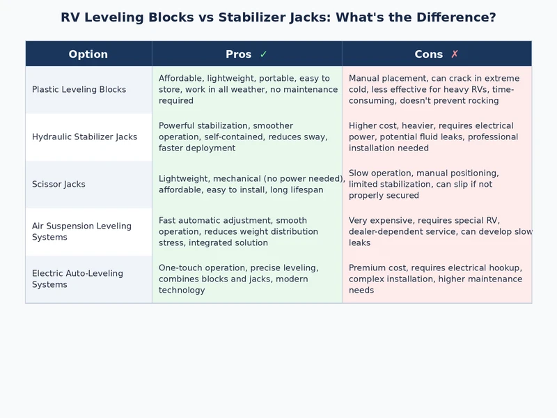 comparison chart of rv leveling blocks vs stabilizer jacks features and use cases