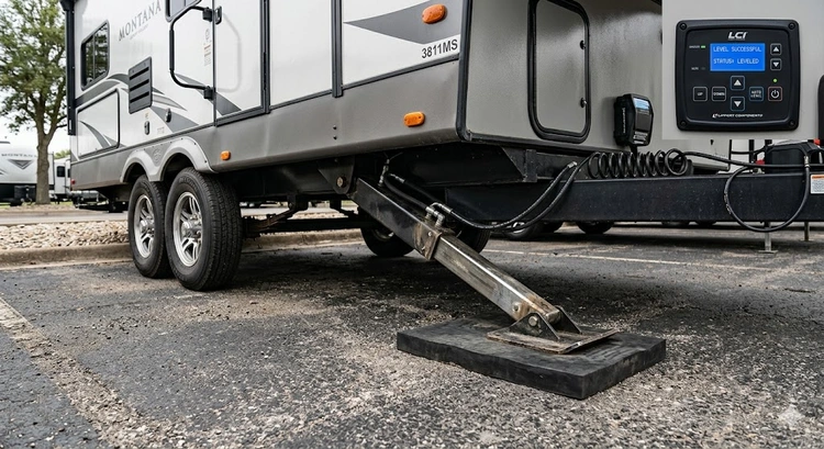 rv leveling system manual vs automatic comparison showing plastic leveling blocks beside hydraulic jacks on a motorhome