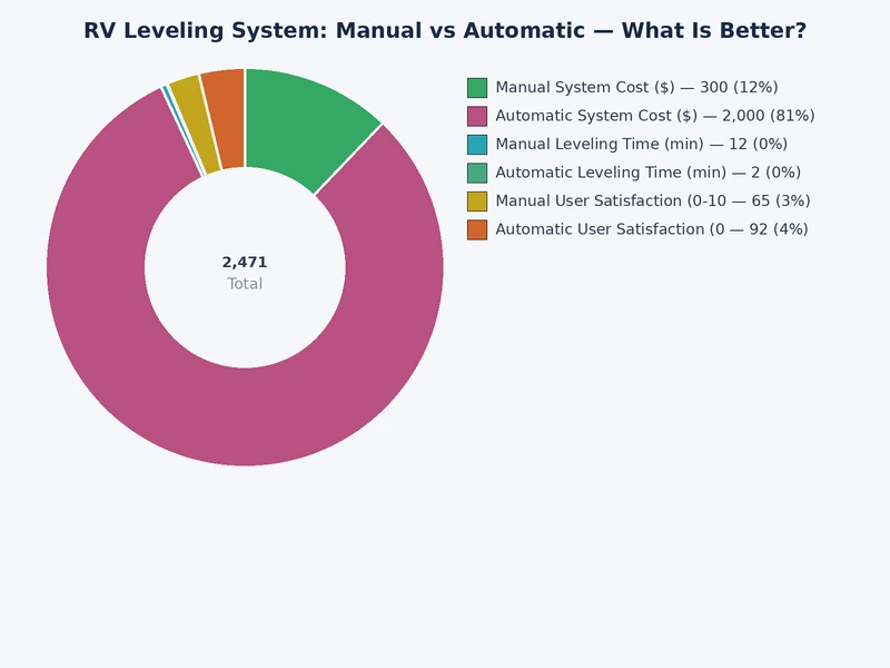 Bar chart comparing rv leveling system manual vs automatic on setup time, cost range, and ease of use ratings