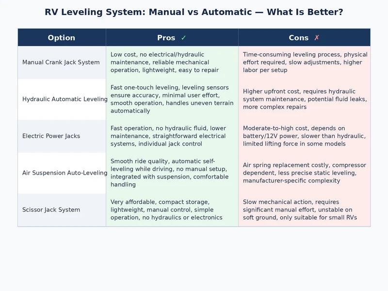 Comparison infographic of rv leveling system manual vs automatic showing cost, setup effort, and ideal rig types