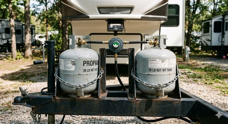 RV propane system components including tanks, regulator, and supply lines