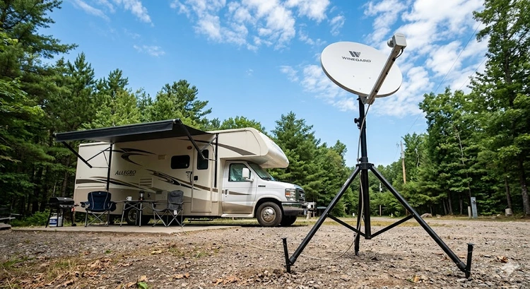 RV satellite dish setup mounted on a Class A motorhome at a remote desert campsite