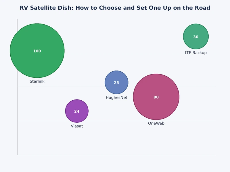 Chart comparing RV satellite dish system types by cost, setup time, and mobility rating