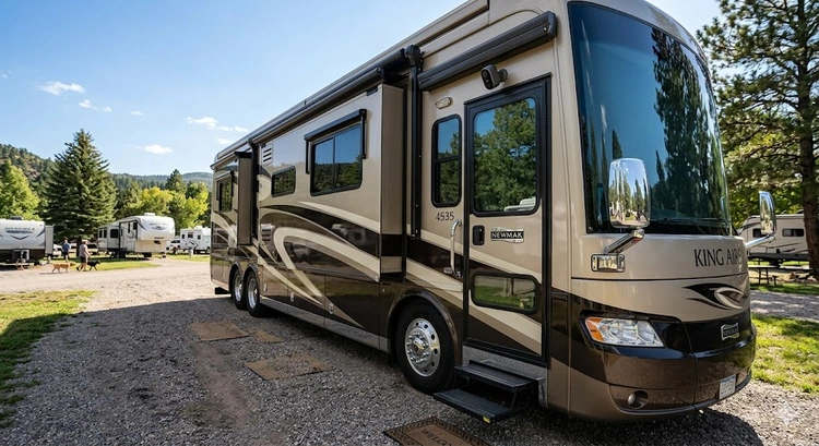 Best rv security camera mounted on the exterior corner of a Class A motorhome at a campsite