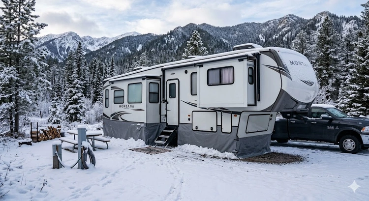 RV skirting winter insulation installed around the base of a travel trailer in snow