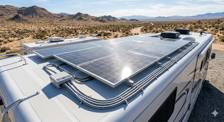 RV solar panel setup showing rooftop panels connected to a lithium battery bank and charge controller inside the vehicle