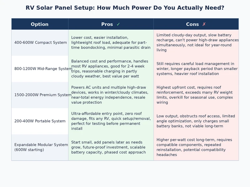 Side-by-side comparison of entry-level and full-time RV solar panel setup components showing panels, batteries, controllers, and estimated costs