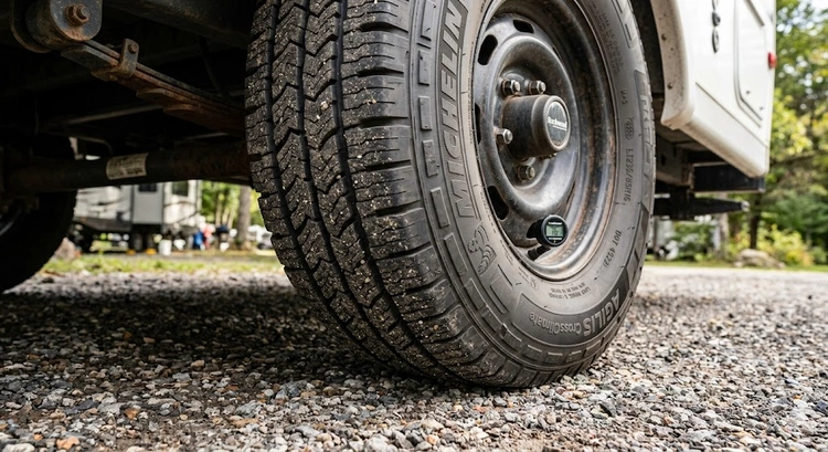 RV tire blowout prevention — inspecting sidewall condition on a Class A motorhome tire