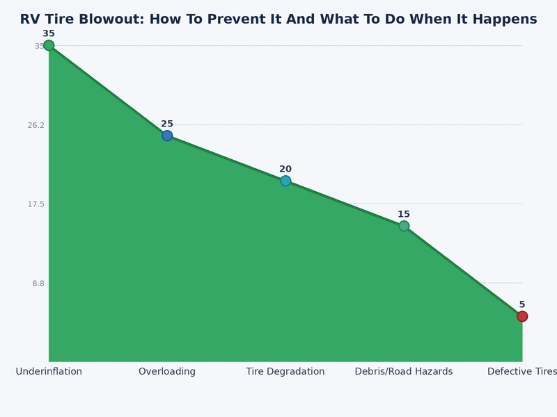 Bar chart comparing primary RV tire blowout risk factors including under-inflation, age, overloading, and road hazard impact