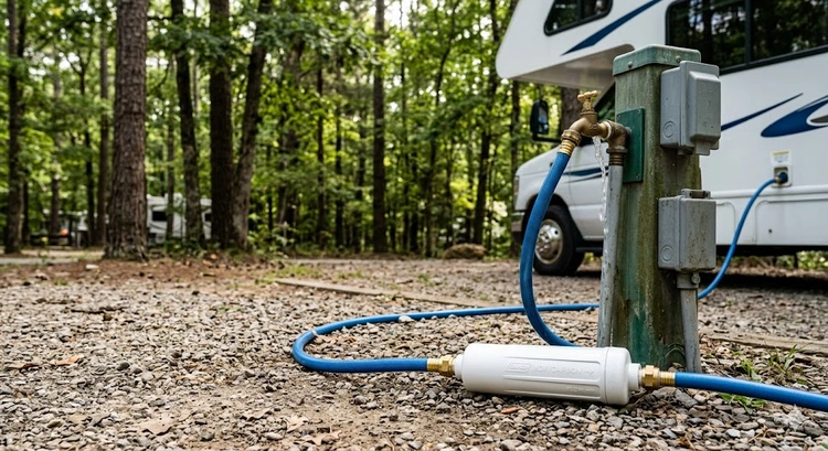 RV water filter system inline canister installed at a campground city-water inlet showing hose connection and filter housing