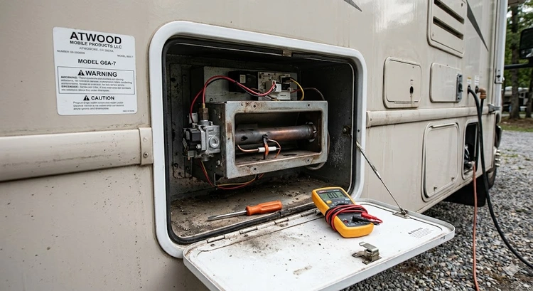 RV water heater access panel open showing burner assembly and heating element — rv water heater not working how to fix
