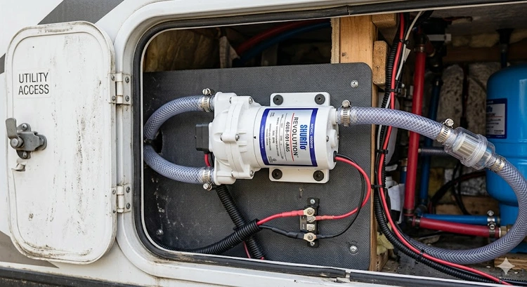 RV water pump not working — 12V demand pump mounted under dinette with inlet and outlet hose connections visible