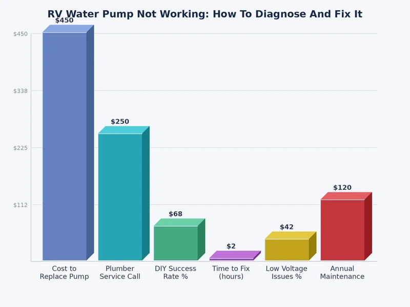 Bar chart showing RV water pump failure causes ranked by frequency — power faults and strainer clogs lead