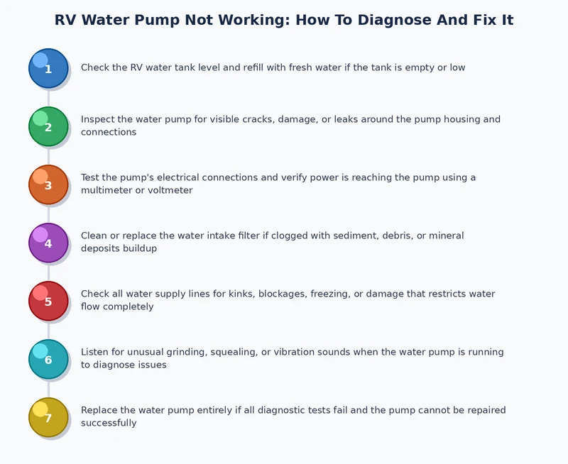 Step-by-step diagnostic flow diagram for an RV water pump not working — power check through component repair
