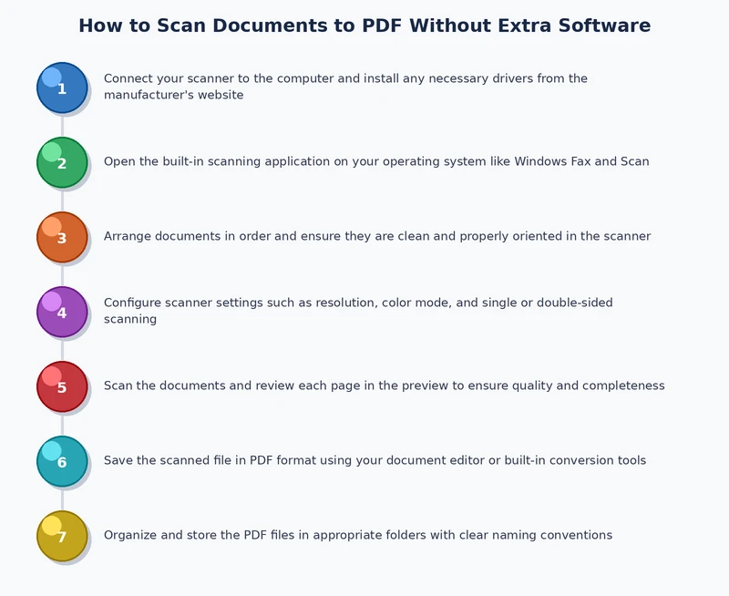 step-by-step process diagram for scanning documents to PDF on Windows and iPhone without installing extra software