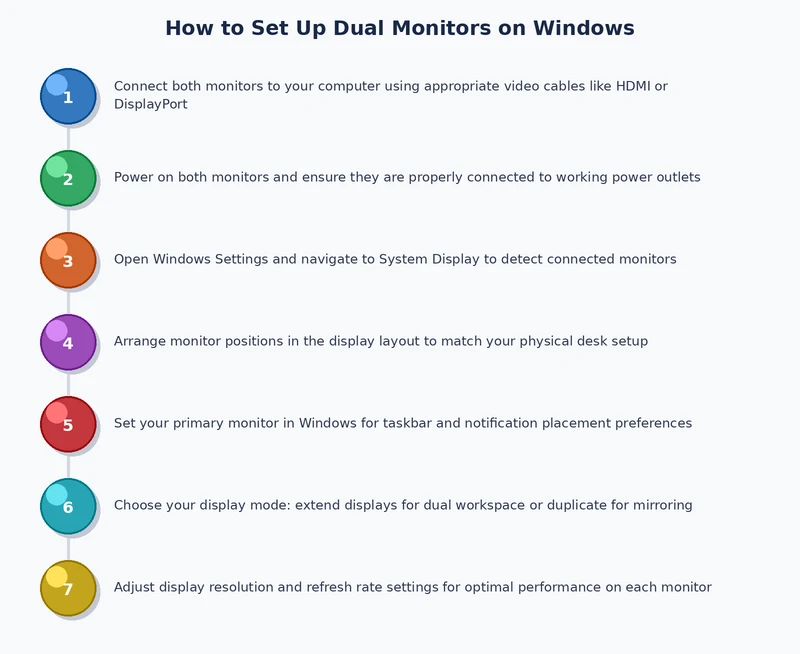 process diagram for how to set up dual monitors on Windows from port check through display configuration
