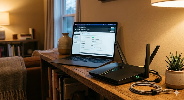 How to set up guest WiFi network on router — router admin panel with guest network configuration settings visible