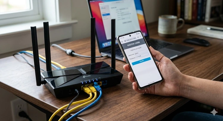 How to set up a home router for the first time — hardware connection and initial cable setup on a desk