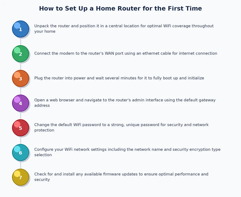 Step-by-step process diagram for setting up a home router for the first time from hardware connection to security check