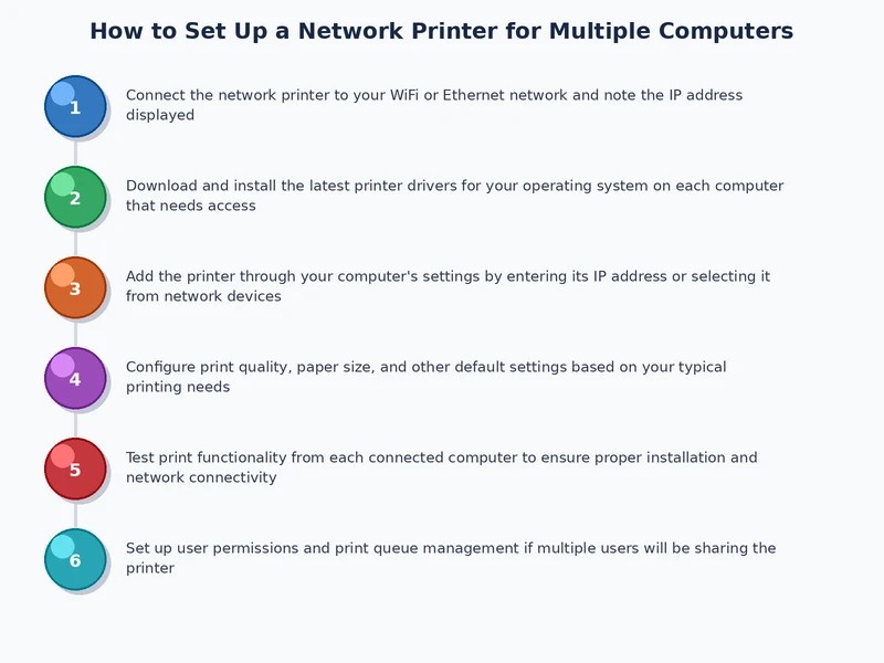 Step-by-step process diagram for setting up a network printer for multiple computers