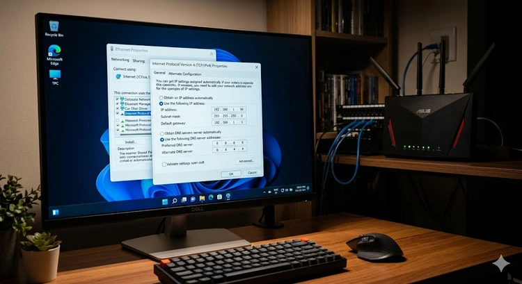 Windows network adapter settings panel showing how to set up a static IP address on Windows